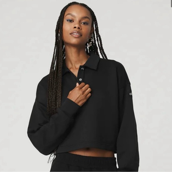 Alo Black Cropped French Terry Polo - Picture 1 of 6